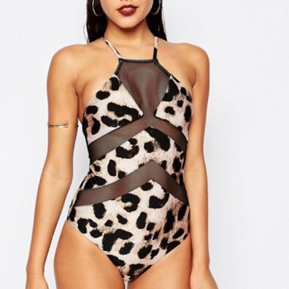 River Island Leopard Print Mesh Insert Swimsuit